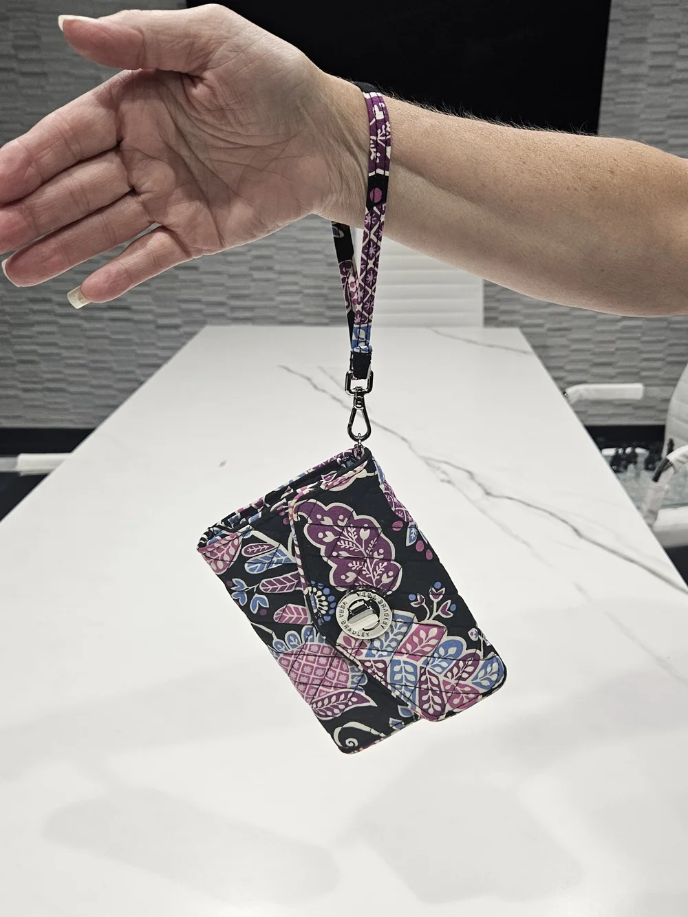 Vera Bradley Black Wristlet with Purple and Blue Floral Print